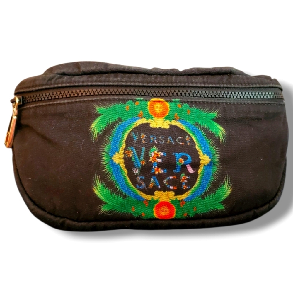 VERSACE Beverly Palm Miami Black Belt Bag with Vibrant Graphic Waist Sling Bag